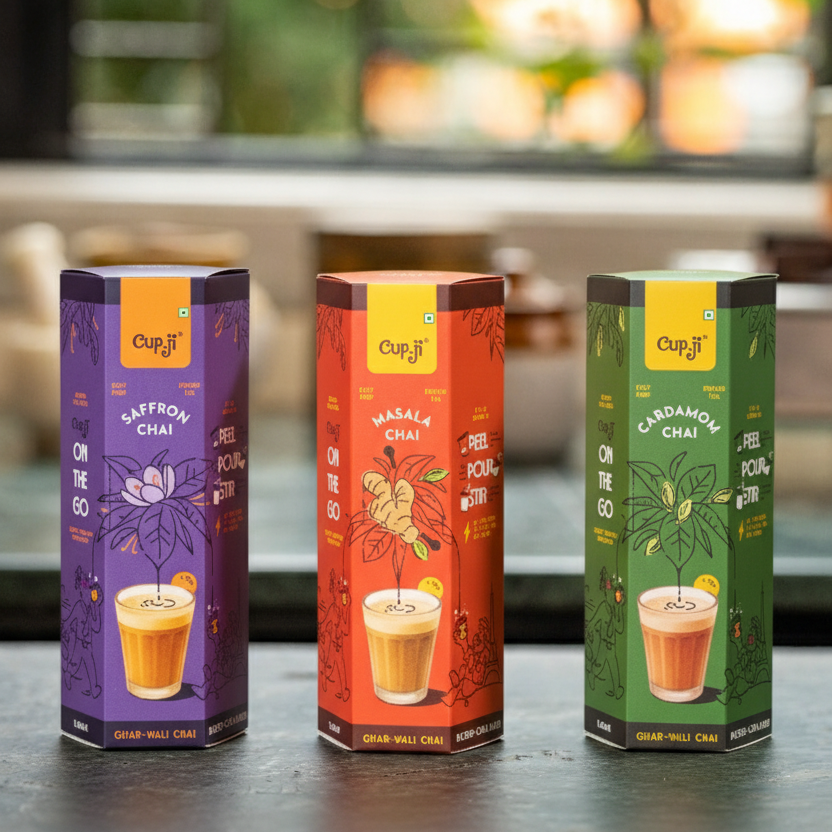 3 flavors of Cupii Chai on a wooden surface with a blurred background